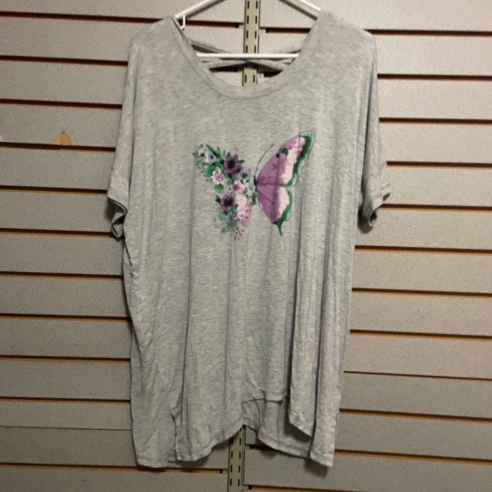 Live Well Lifestyle Womens Butterfly Floral Graphic Tee Grey Strappy Back Size M